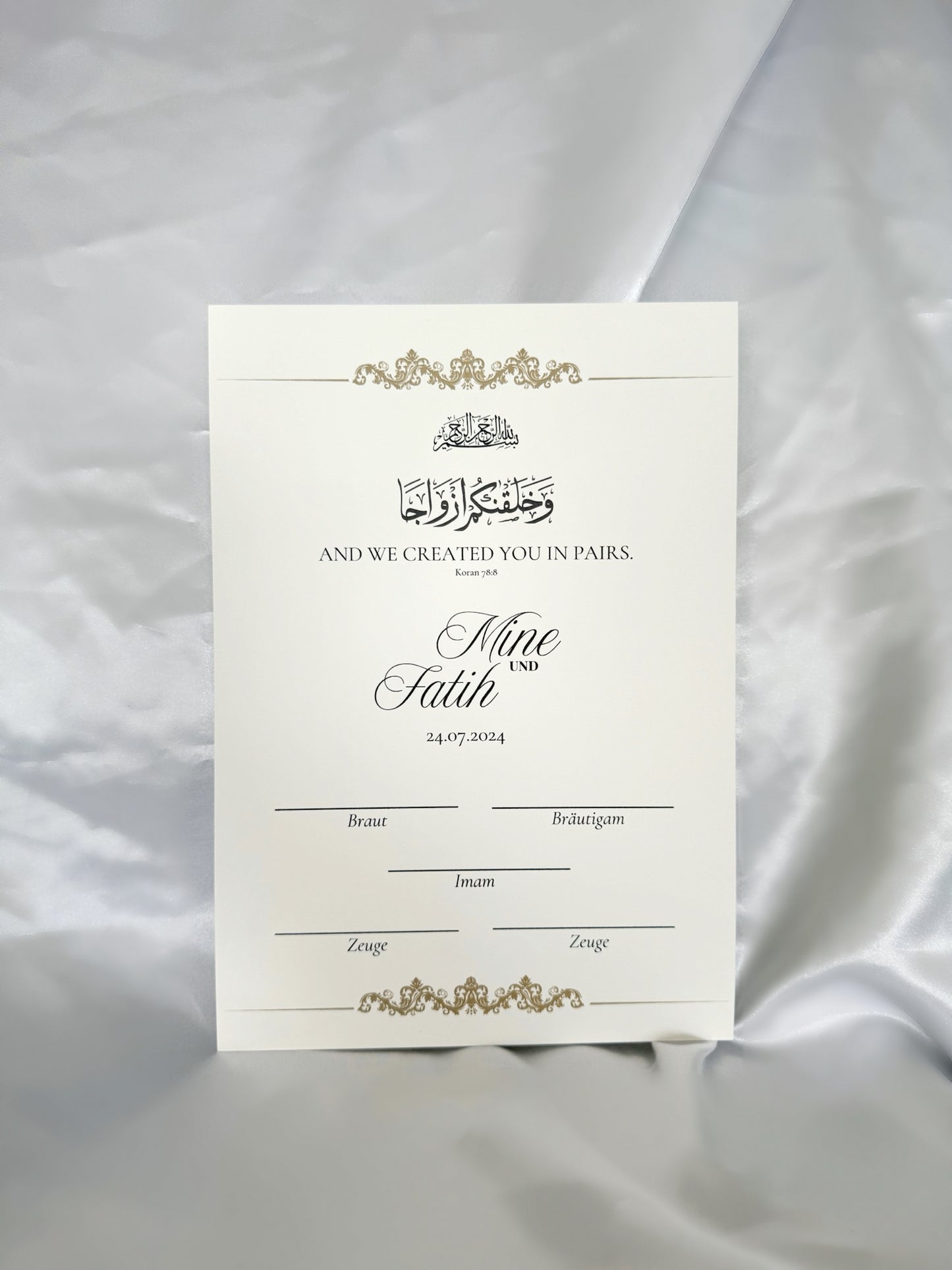 Schlichtes Nikah Zertifikat mit Koranvers 78:8 — A3 / Rahmen Gold