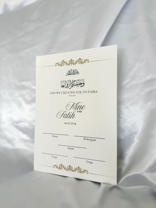 Schlichtes Nikah Zertifikat mit Koranvers 78:8 — A3 / Rahmen Gold