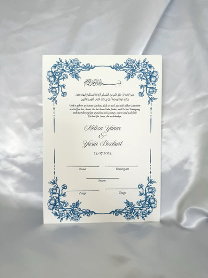 Nikah Zertifikat mit blauem Blumenrahmen