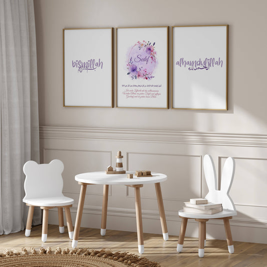 Bismillah Alhamdulillah Posterset für Kinder in lila