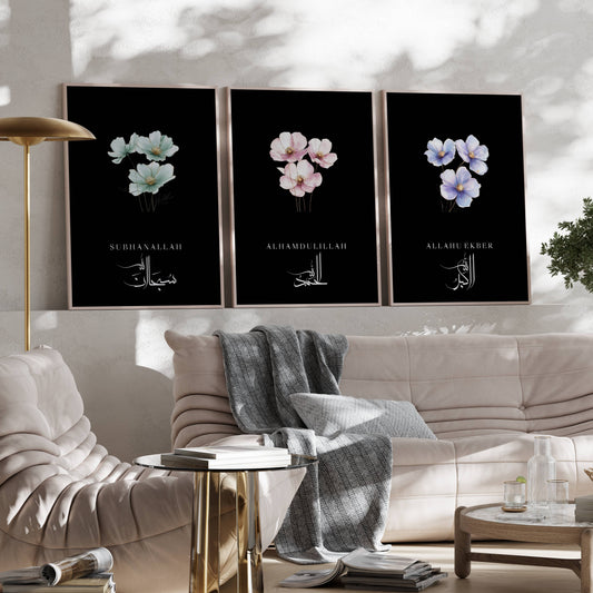 Islamisches Posterset in schwarz mit farbigen Blumen — A2 / Ohne Rahmen